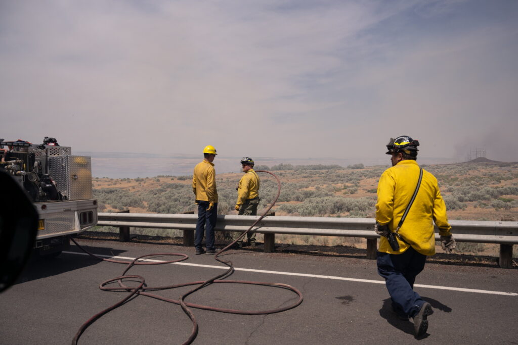 firefighters fighting the Hat Rock fire in Umatilla County