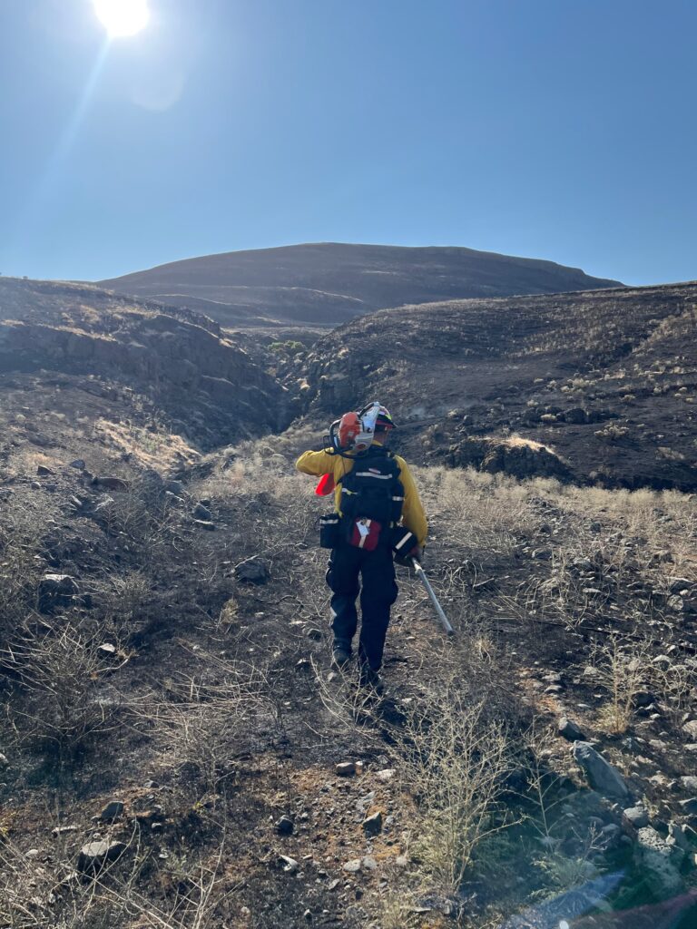 A firefighter walking in the burn scar with equipment on the Hat Rock fire in Umatilla County
