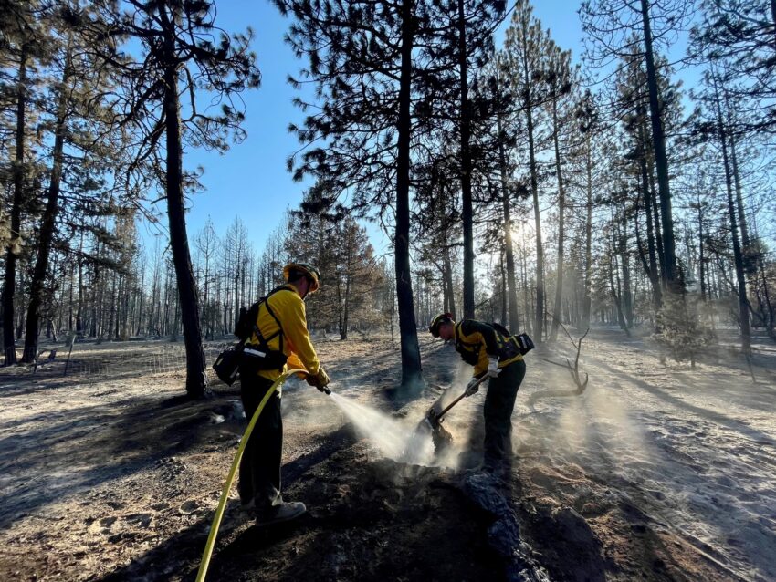 Firefighters work to mop up hotspots on the Golden Fire in Klamath County