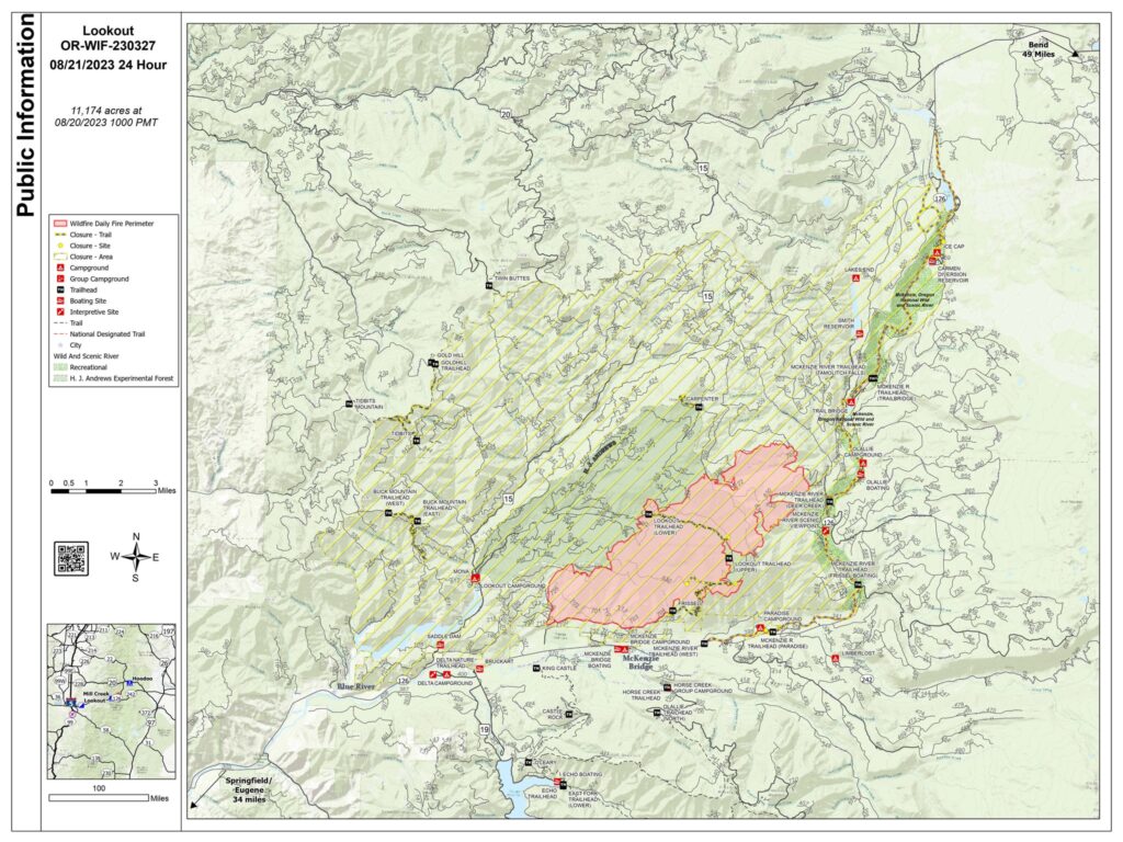 Map of the Lookout Fire on August 21, 2023.