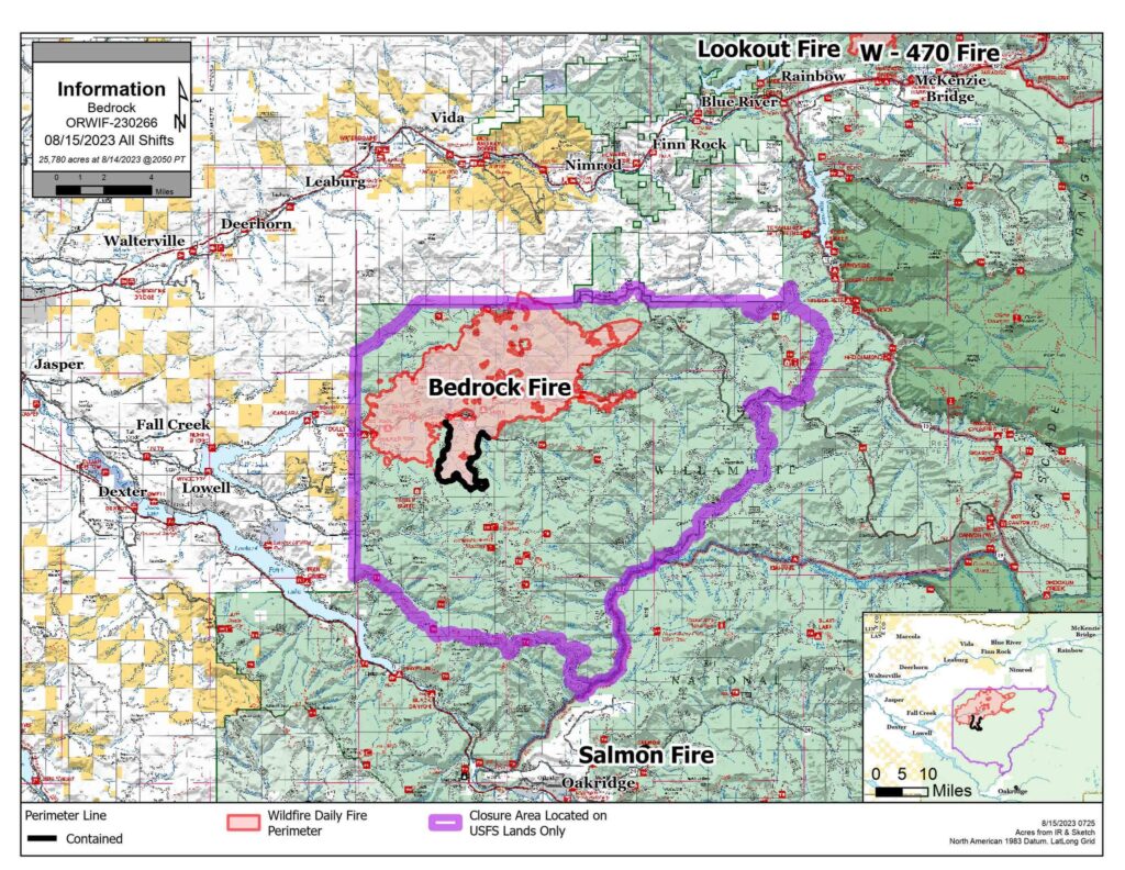 A map of the Bedrock fire perimeter in Lane County.