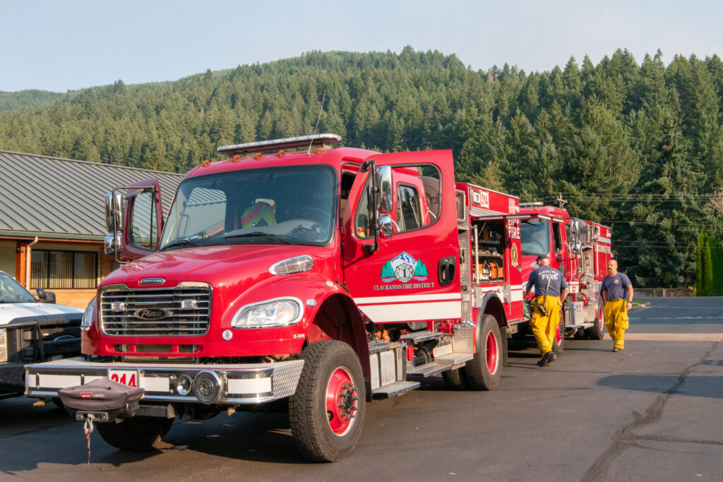 Fire engines lined up at the Lookout fire in Lane County