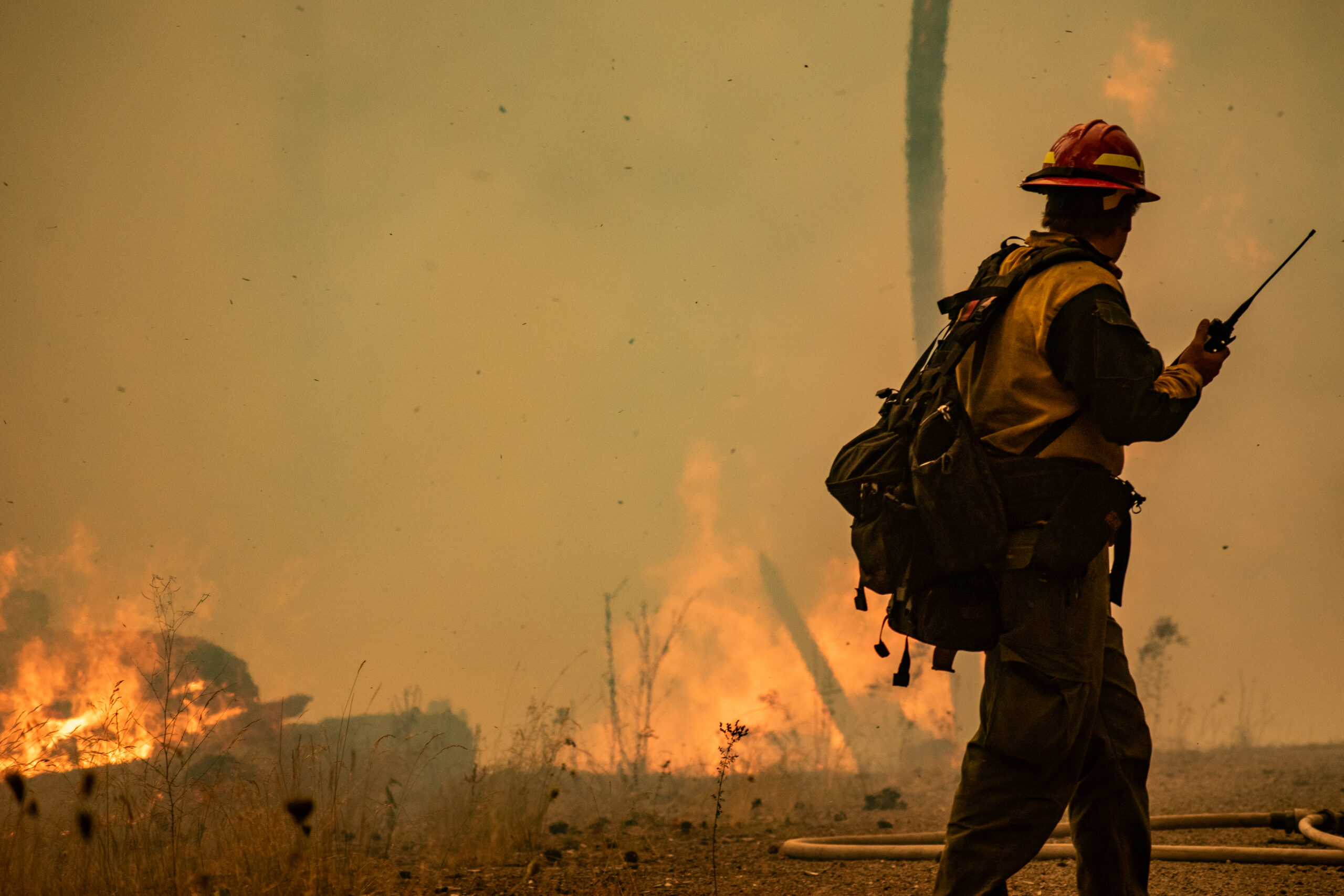 Firefighter holding a radio looking towards flames of the Lookout fire in Lane County