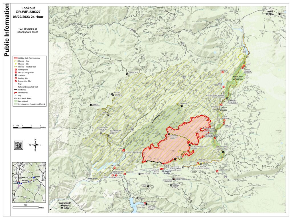 A map of the Lookout Fire in Lane County Oregon