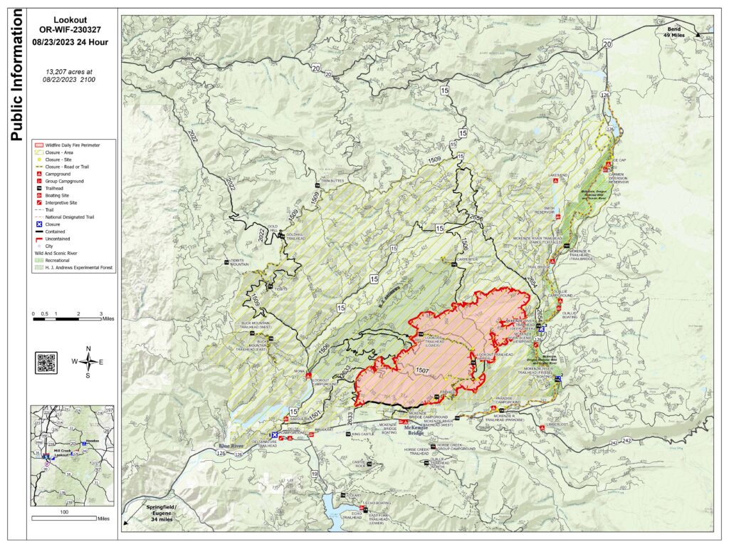 map of the Lookout Fire in Lane County on 8-23-23