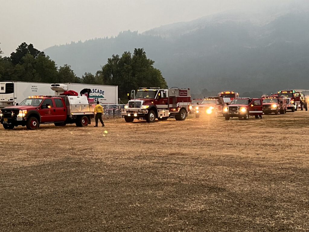 Fire engines lined up on the Tyee Ridge Complex in Douglas County
