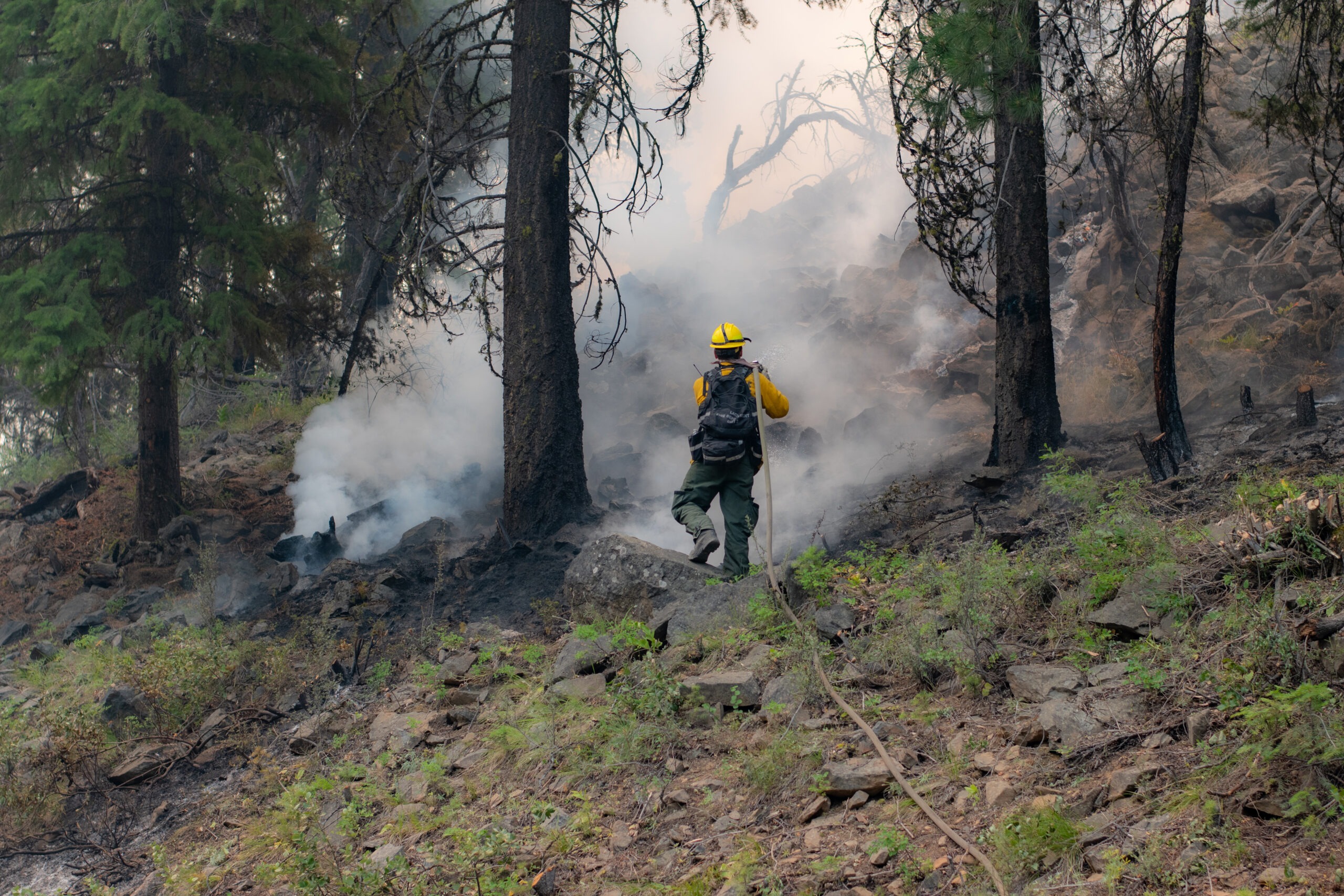 A firefighter working on the Falls Fire in Oregon