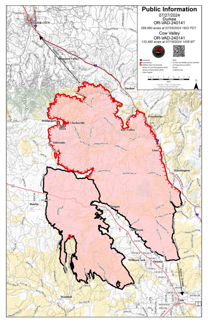 Map of the Durkee and Cow Valley fires in eastern Oregon