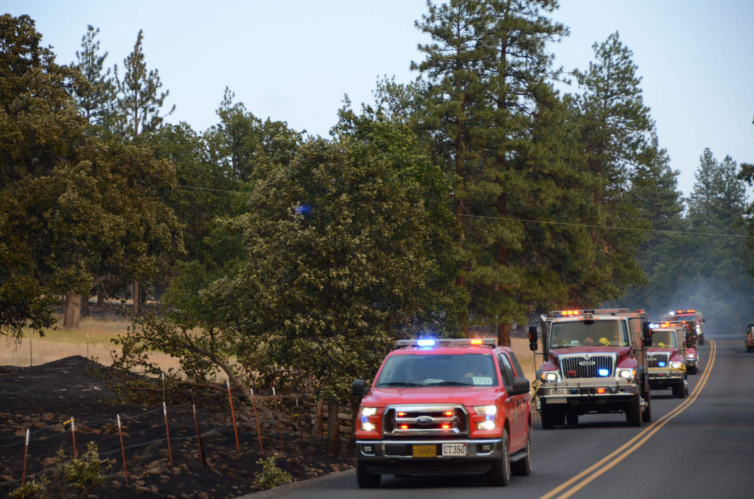 Fire trucks lined up on a road