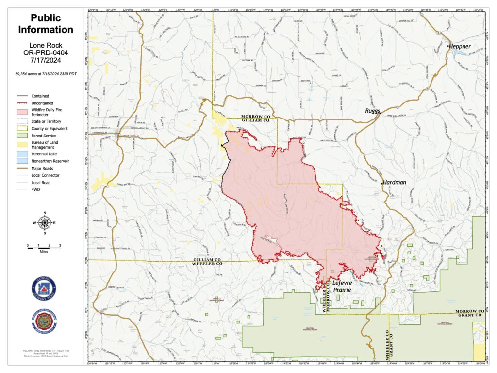 Lone rock fire map showing where the fire has burned in Gilliam, Morrow, and Wheeler Counties.