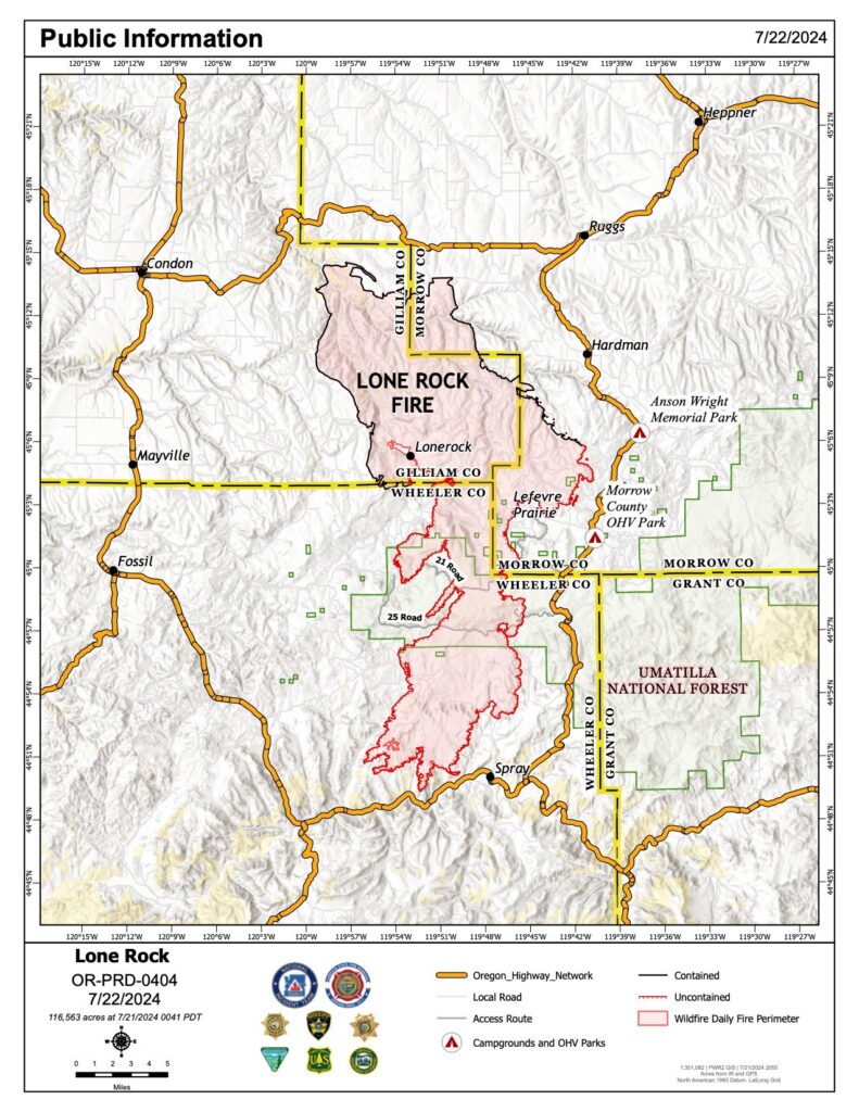 Map of the Lone Rock Fire for July 22, 2024