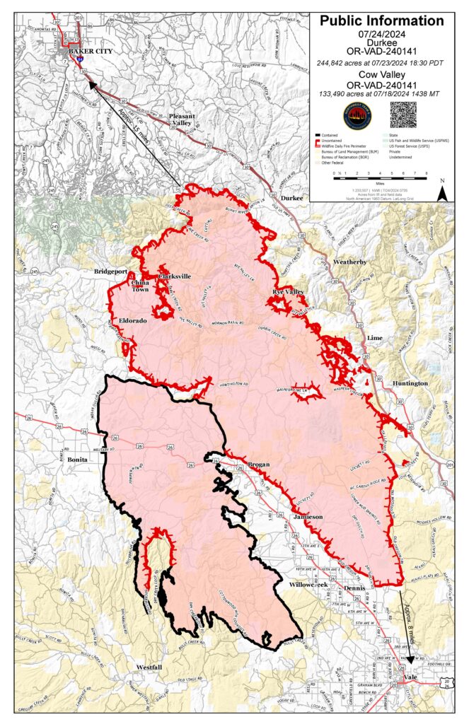 Map of the Durkee and Cow Valley fire in Baker County from July 24.