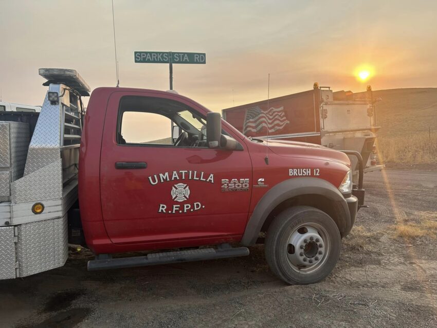 A fire engine parked on a dirt road in northeastern Oregon