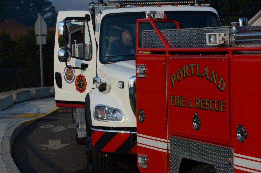 An image of two fire appartus on the Cow Valley Fire.