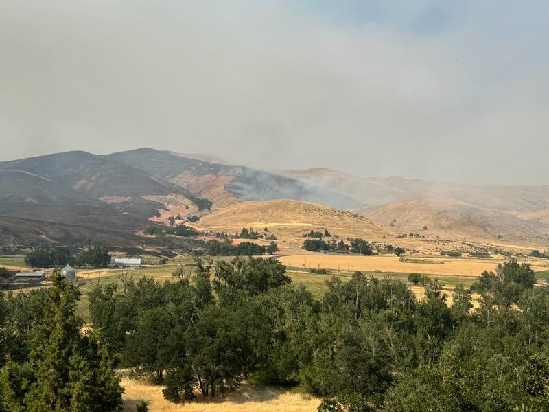 A photo of the landscape at the Larch Creek Fire with smoke in the background.