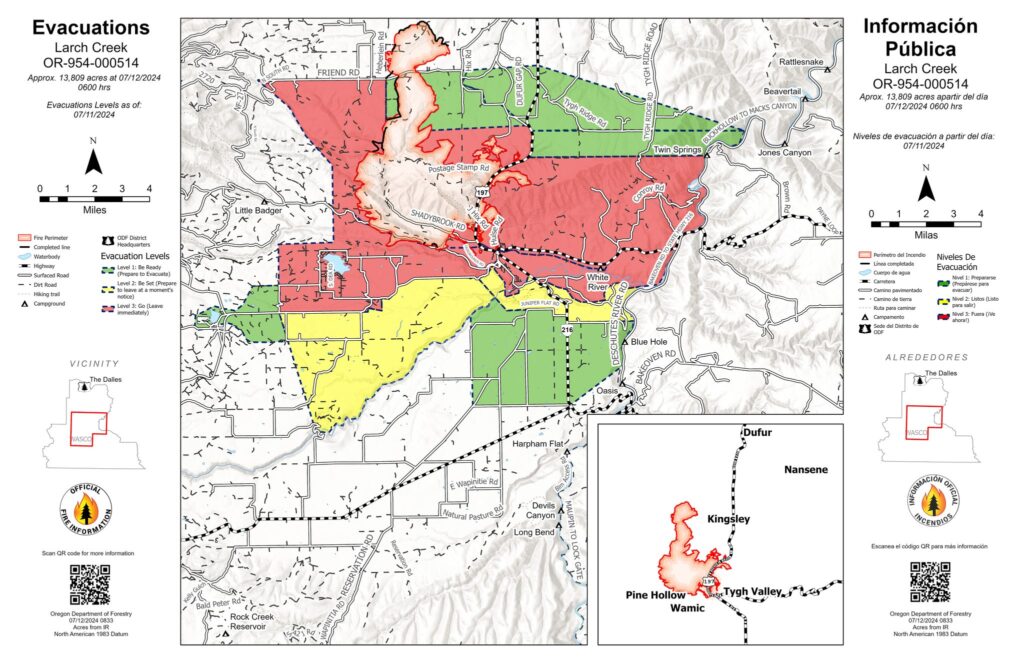 A map of the Larch Creek Fire from July 12, 2024