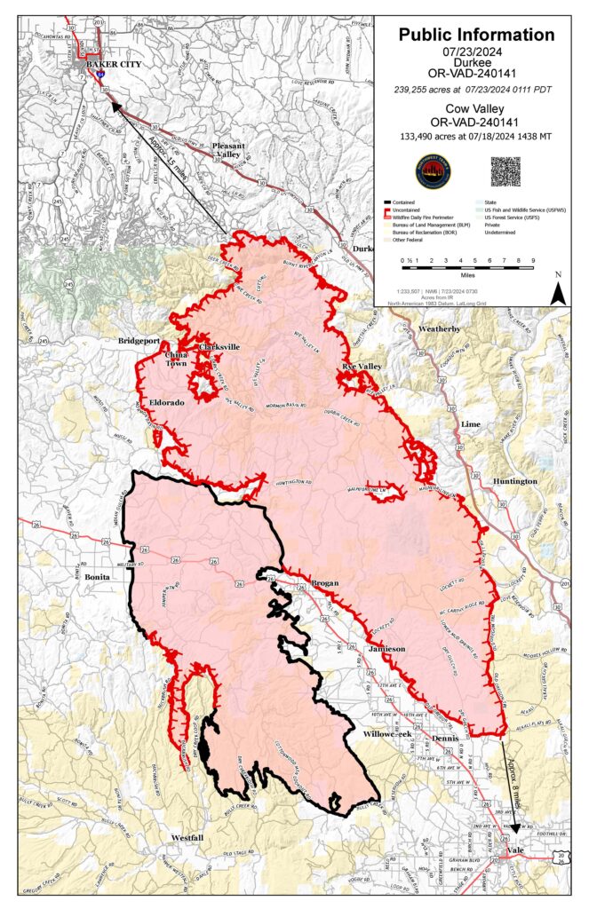 Map of the Durkee and Cow Valley fires