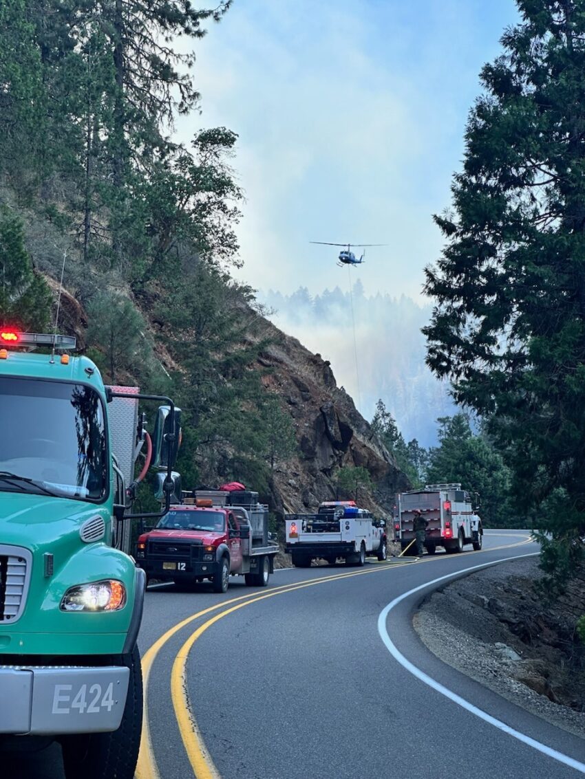 Multiple fire vehicles on a road on the way to the Tiller Trail Fire in Douglas County, Oregon.