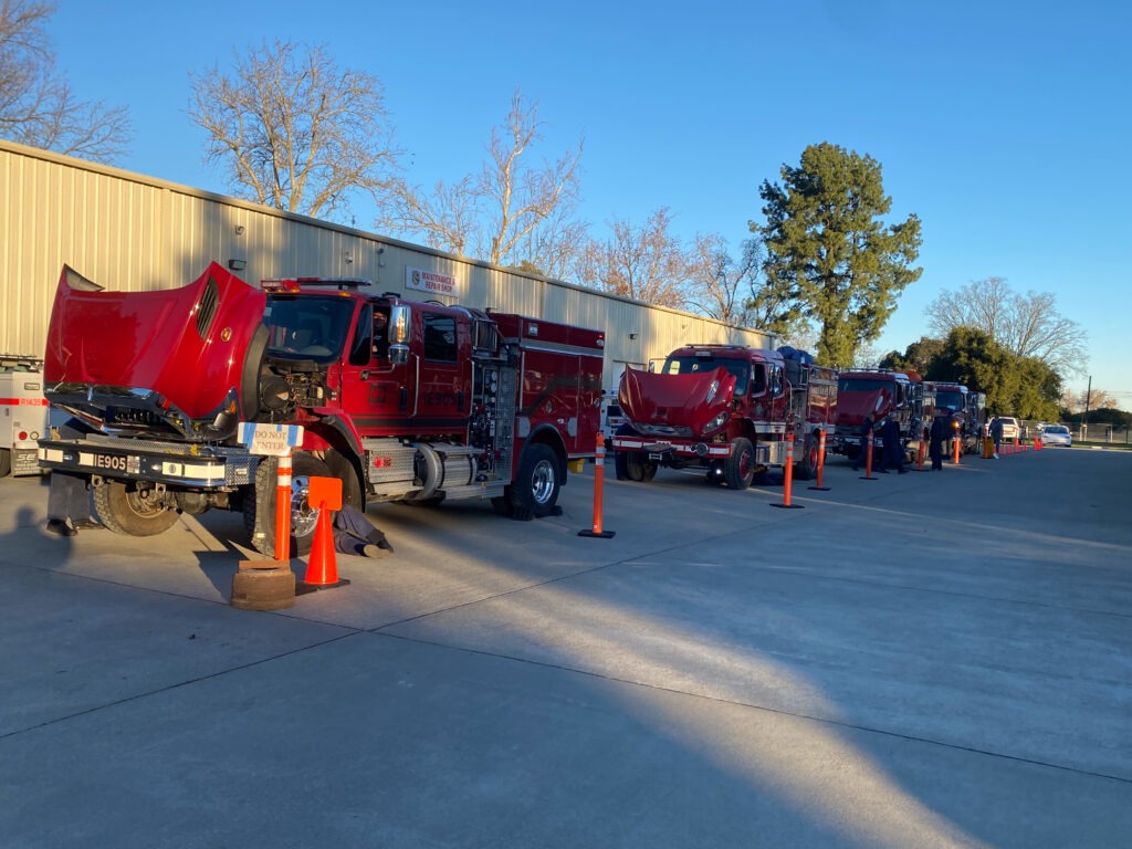 Fire engines in Oregon before deploying to the Palisades Fire in California.